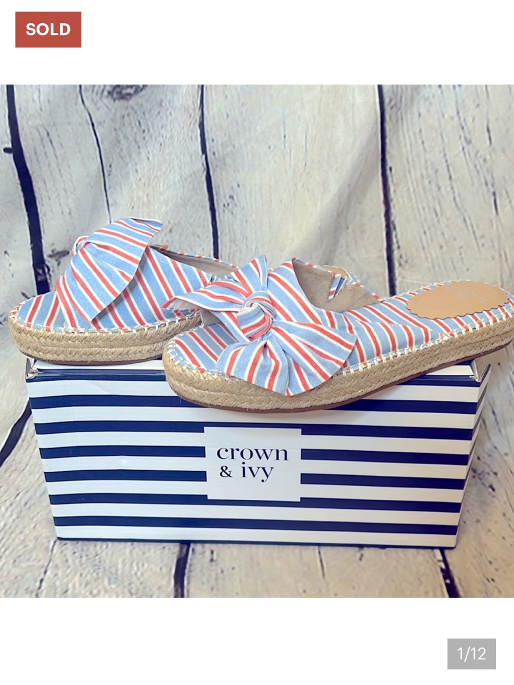 Crown & Ivy Red White Blue Stripe Keisha Espadrille Slip-On Canvas Sandal Size 9